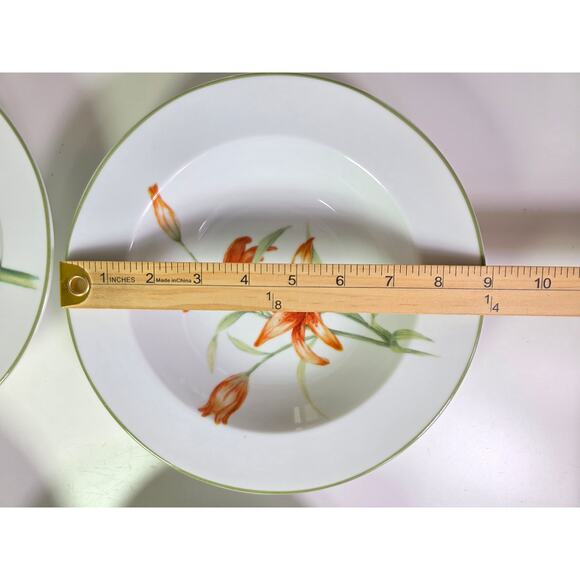 222 FIFTH White Floral BLOOM Green Lip Large Rim Soup Bowls Set of 4 - Picture 4 of 9